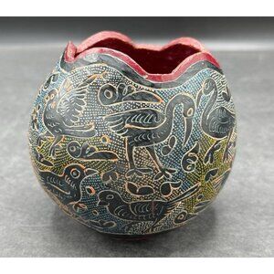 Hand Carved Colorful Gourd Bowl Folk Art Birds Decorative Signed